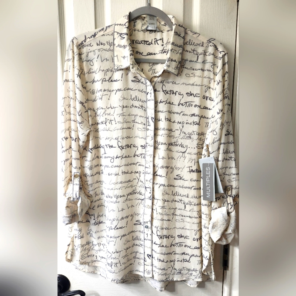 Multiples brand, NWT, size Medium, cream color with writing